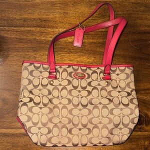 Coach Tan and Red Signature Tote Bag